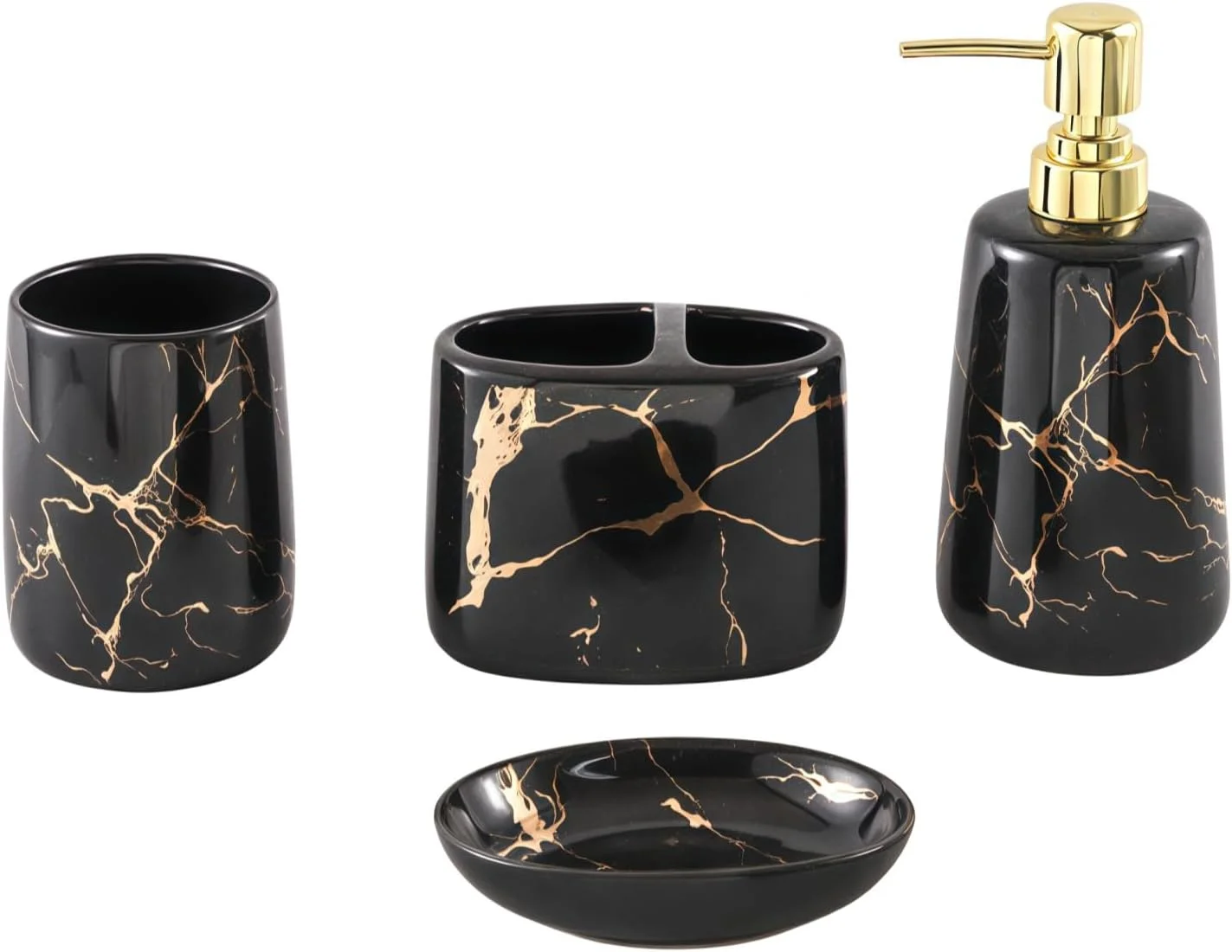 ست لوازم جانبی حمام 4 تکه، جا مایع دستشویی سرامیکی، جا صابونی، جا مسواکی و لیوان مسواک برای تزئین مدرن سینک روشویی حمام، نوارهای حاشیه طلایی (مشکی)