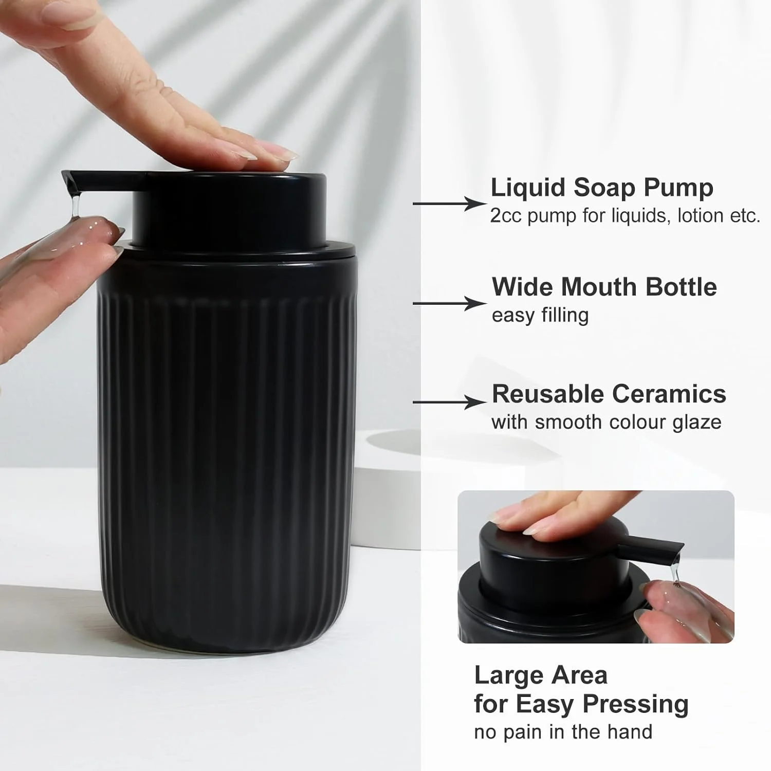 ست لوازم حمام سرامیکی مشکی 4 تکه شامل جا مایع دستشویی 350 میلی لیتری، لیوان مسواک، جا صابونی، ظرف گوش پاک کن، دکوری شیک حمام