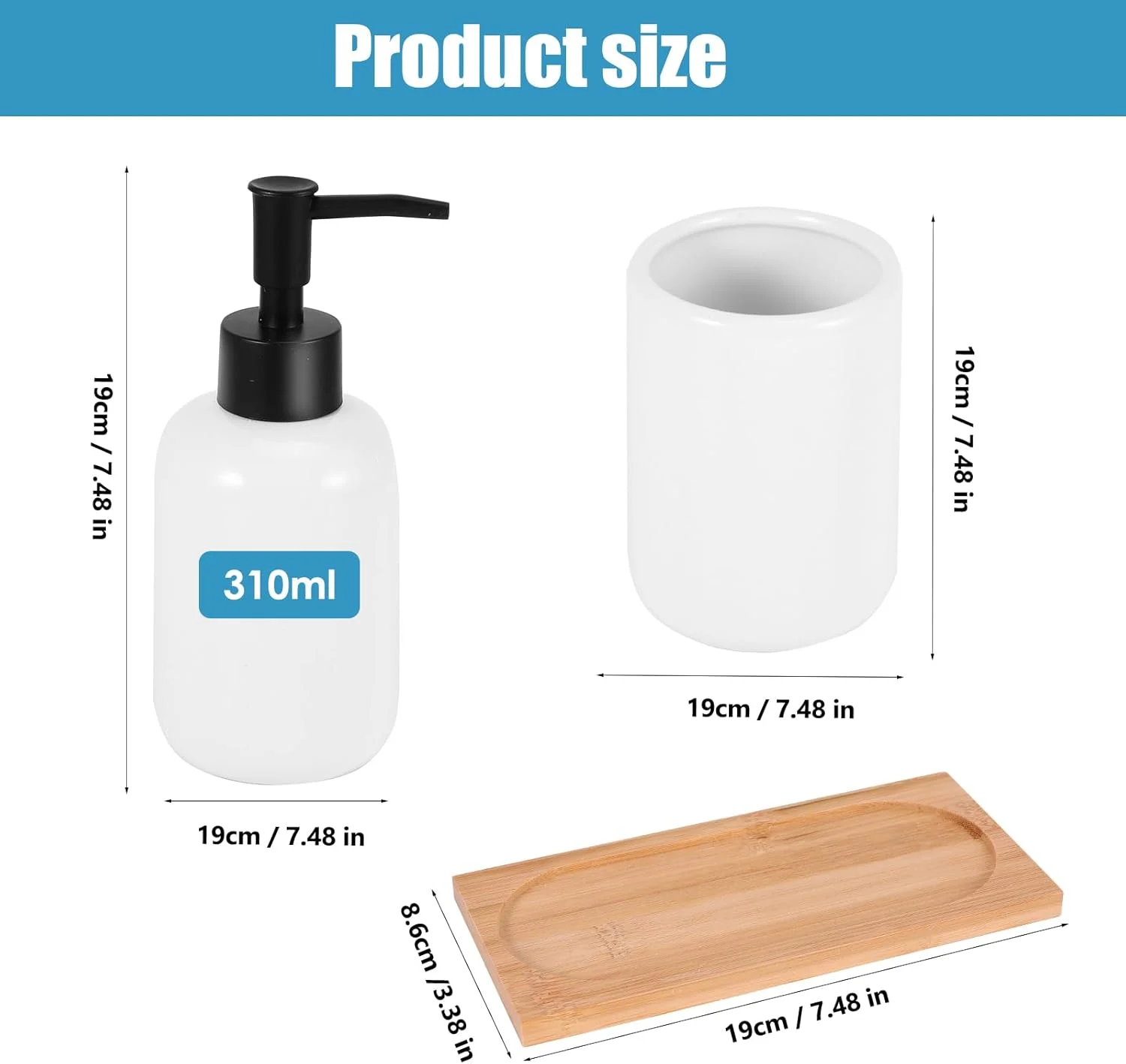 ست لوازم جانبی حمام، 3 تکه شامل جا مایع صابون، جا مسواکی و سینی بامبو، ست سرامیکی مدرن و قابل استفاده مجدد برای حمام، روشویی، سینک، وان (سفید-گرد)