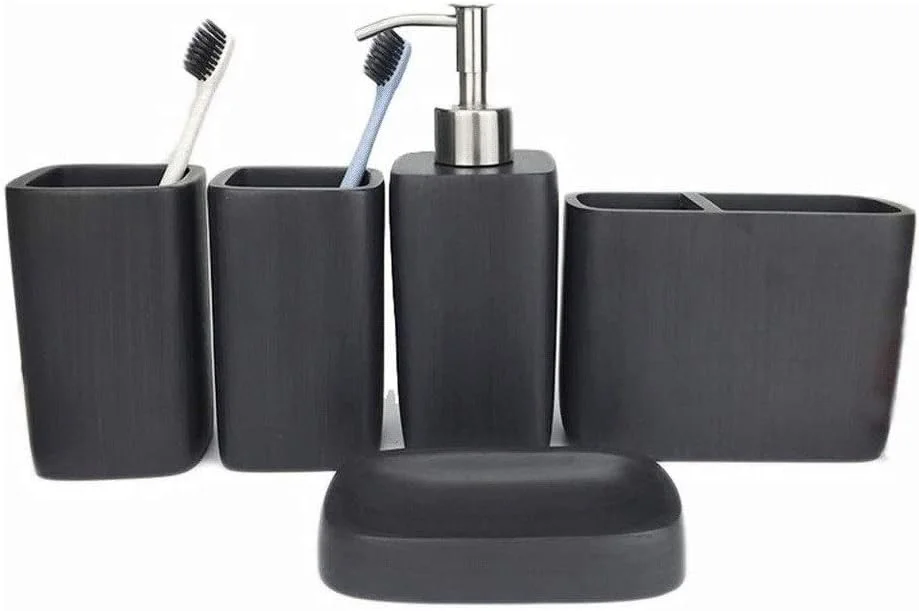 ست لوازم جانبی حمام شامل پمپ مایع دستشویی، جا مسواکی، جا صابونی، و دو لیوان، طرح سنگ مرمر و چوب