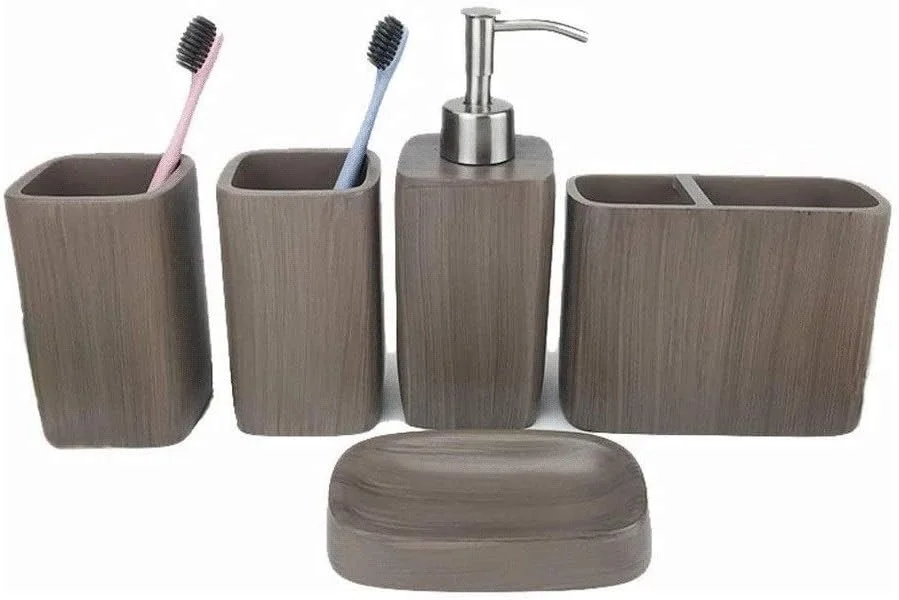 پمپ مایع دستشویی ست لوازم جانبی حمام 5 تکه طرح سنگ مرمر و چوب