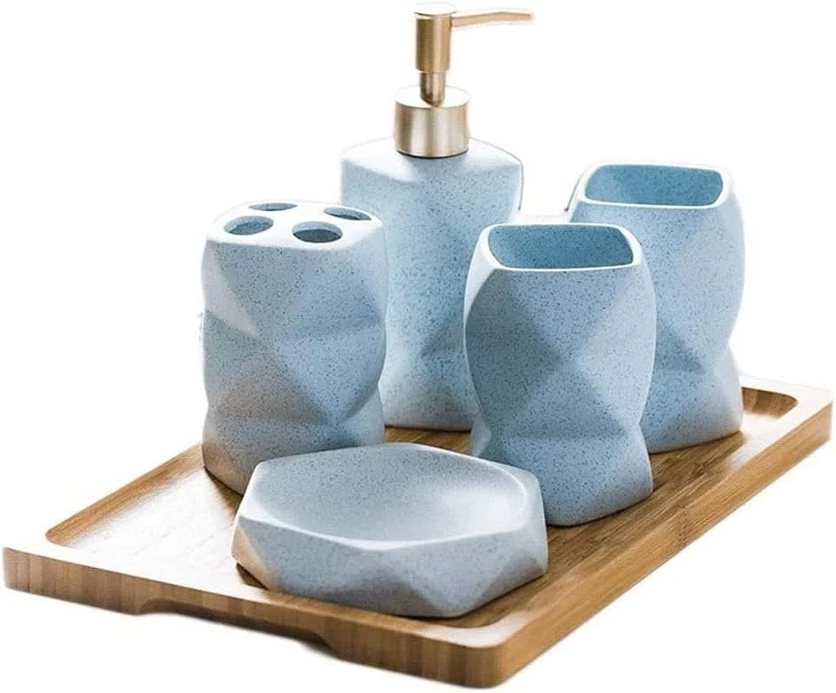 ست لوازم جانبی حمام 6 تکه الماس YZERTLH شامل جا مایع صابون، جا مسواکی، لیوان، جا صابونی و سینی، جا مایع صابون سرامیکی (رنگ: آبی)