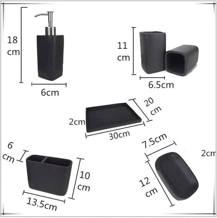 ست لوازم جانبی حمام شامل پمپ مایع دستشویی، جا مسواکی، جا صابونی، و دو لیوان، طرح سنگ مرمر و چوب