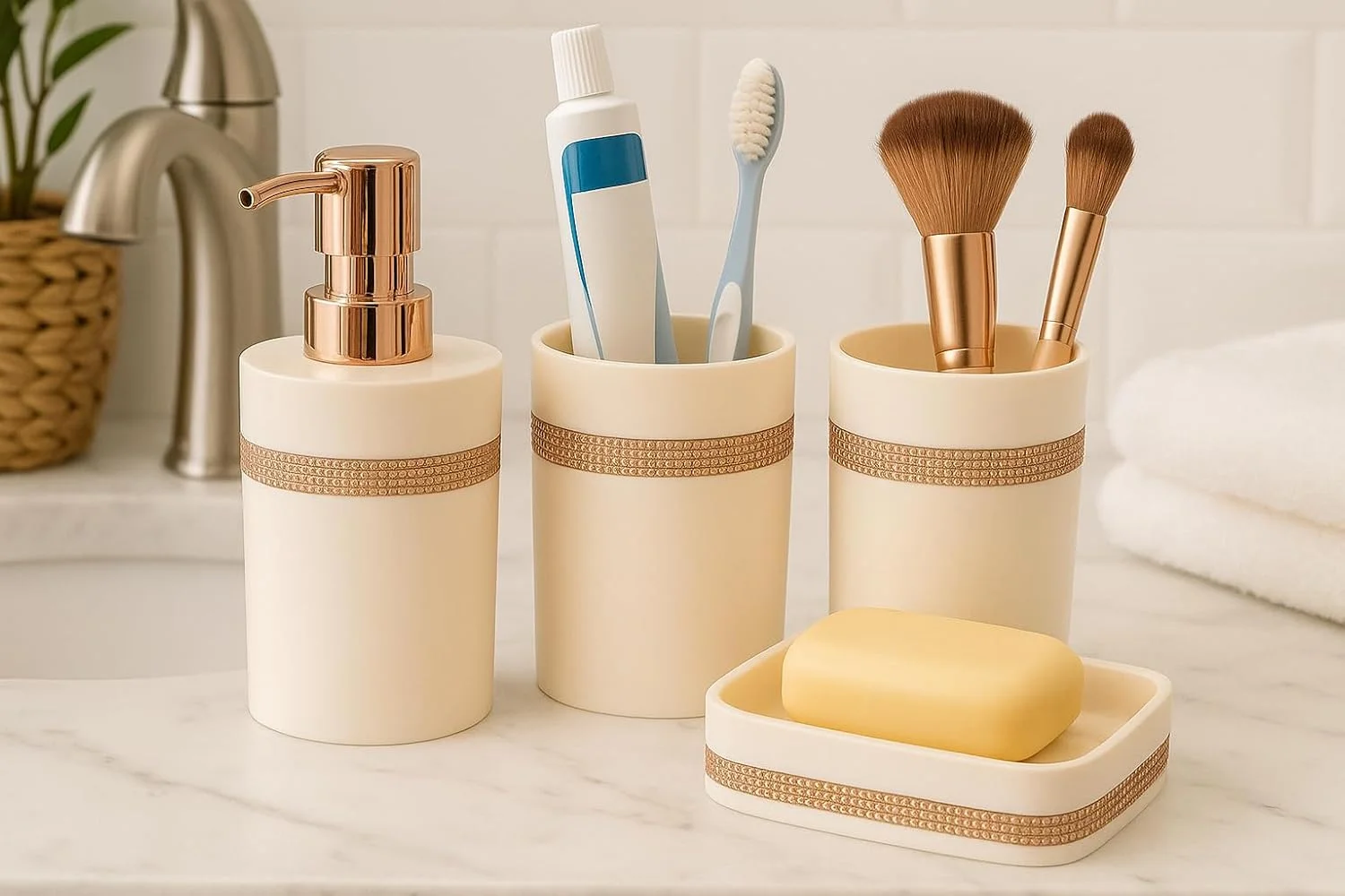 ست لوازم جانبی حمام مدرن 4 تکه – ست کامل دکوراسیون حمام، جا مایع دستشویی، جا مسواکی، لیوان و جا صابونی | طلایی رزگلد نظم دهنده لوازم حمام برای سرویس بهداشتی، کودکان، خانه و دفتر