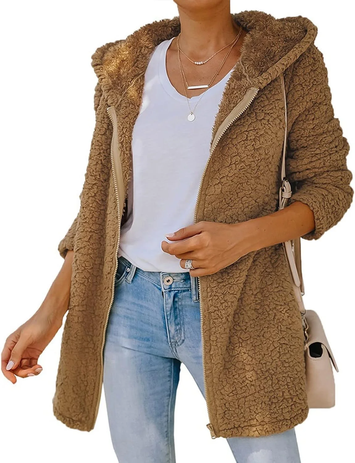 کت های غیر رسمی زنانه پاییز زمستان کت خز مصنوعی زنانه ژاکت زیپ دار گرم غیر رسمی کت پشمی جیب دار کت ضخیم زنانه (M)