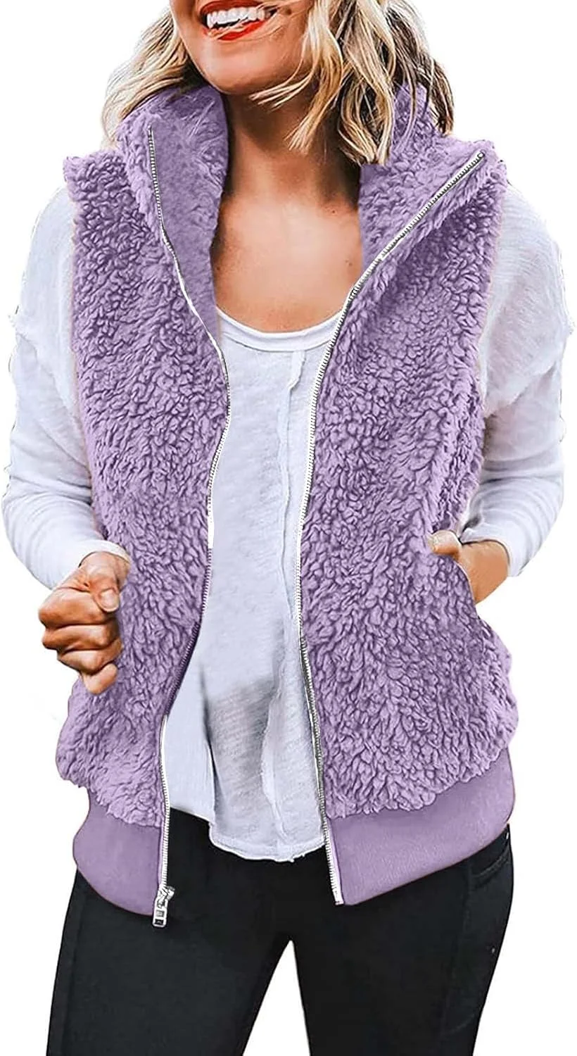 hlysgo جلیقه پشمی فازی زنانه، غیررسمی، سایز بزرگ، دارای زیپ کامل، جلیقه شرپا، کت بیرونی بدون آستین با جیب