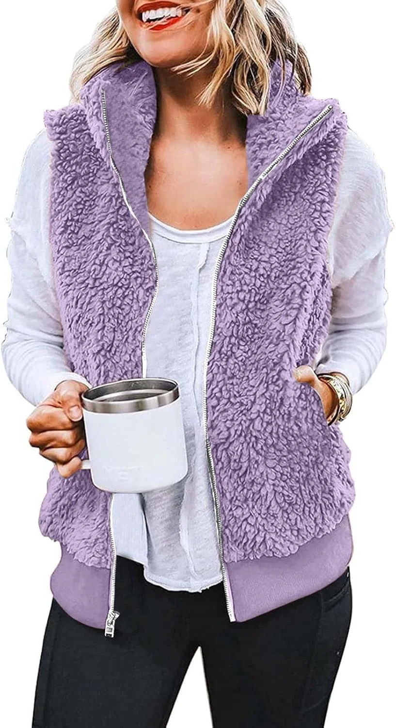 hlysgo جلیقه پشمی فازی زنانه، غیررسمی، سایز بزرگ، دارای زیپ کامل، جلیقه شرپا، کت بیرونی بدون آستین با جیب