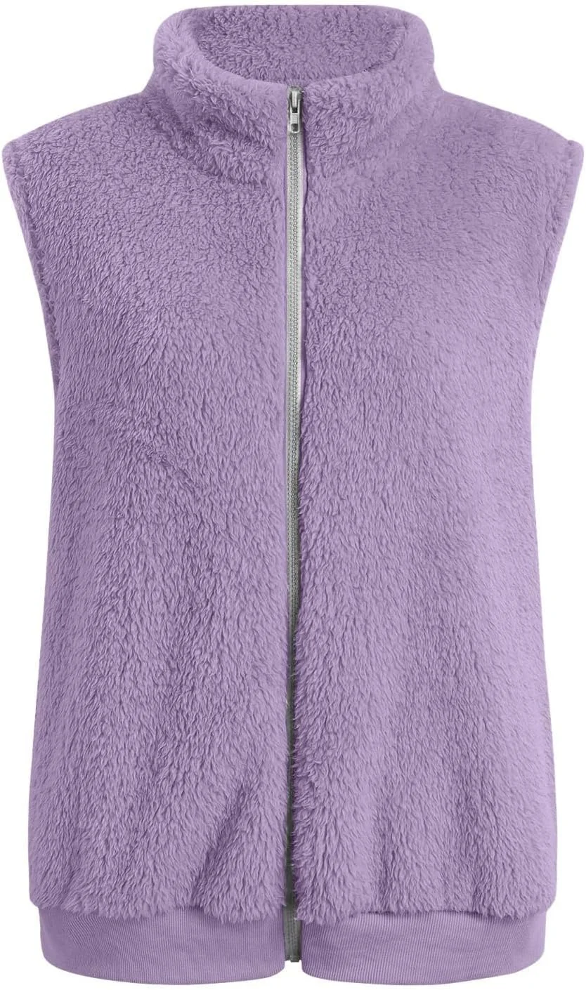 hlysgo جلیقه پشمی فازی زنانه، غیررسمی، سایز بزرگ، دارای زیپ کامل، جلیقه شرپا، کت بیرونی بدون آستین با جیب