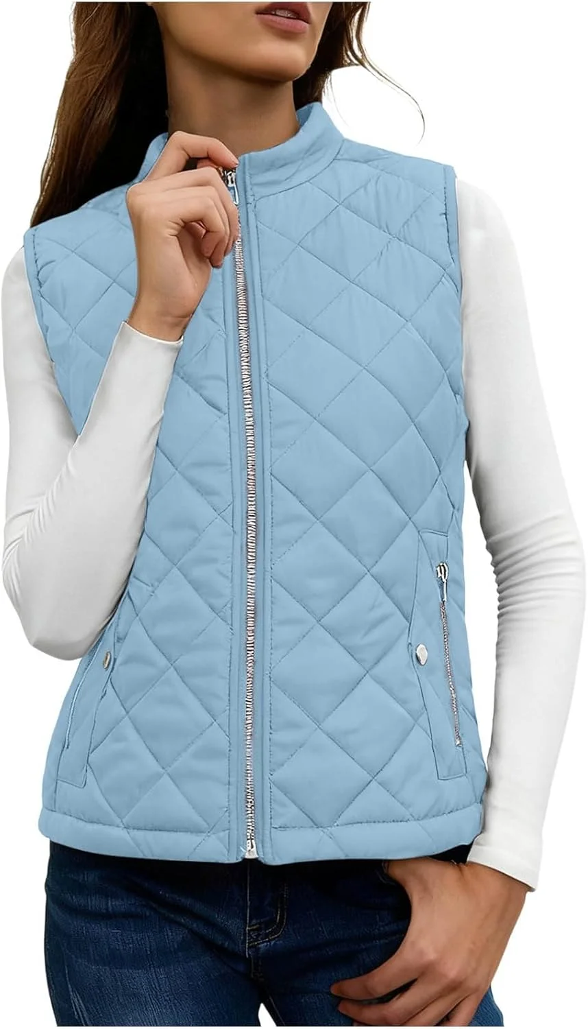 hlysgo جلیقه پفی لحافی زنانه، ژاکت بدون آستین با زیپ کامل، جلیقه سبک وزن با جیب، مناسب برای پاییز و زمستان