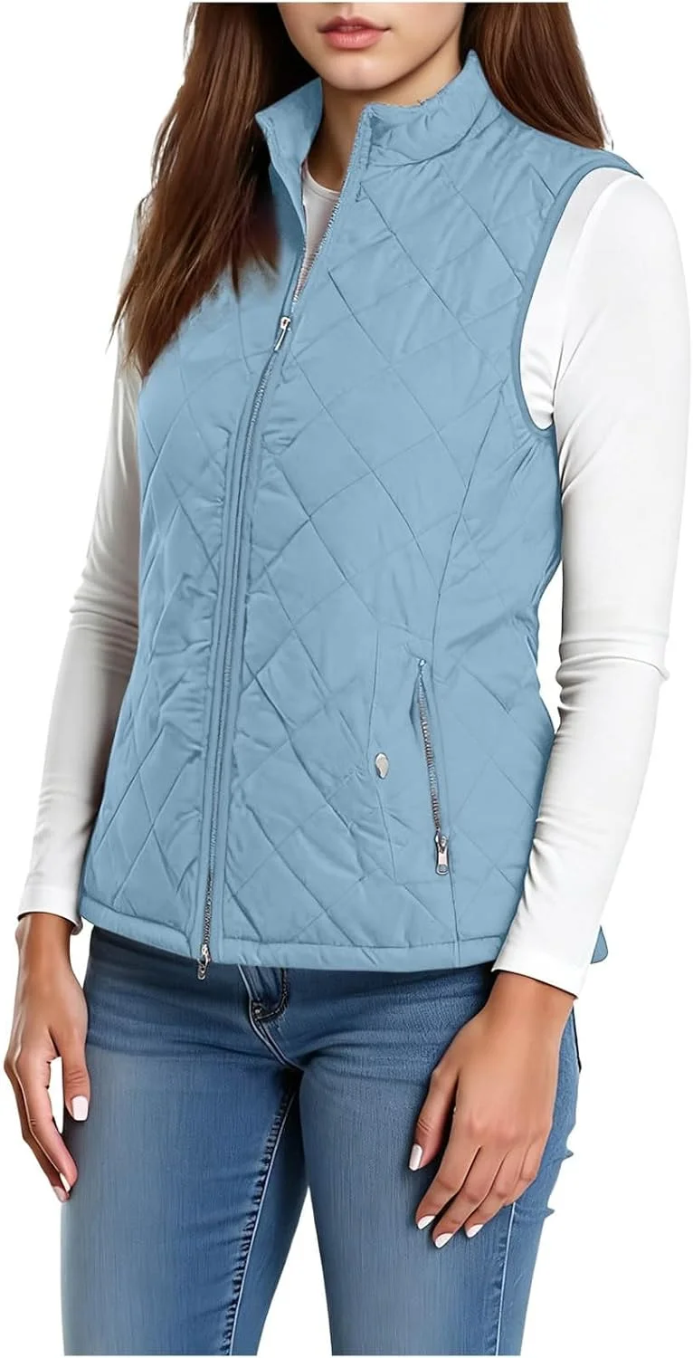 hlysgo جلیقه پفی لحافی زنانه، ژاکت بدون آستین با زیپ کامل، جلیقه سبک وزن با جیب، مناسب برای پاییز و زمستان