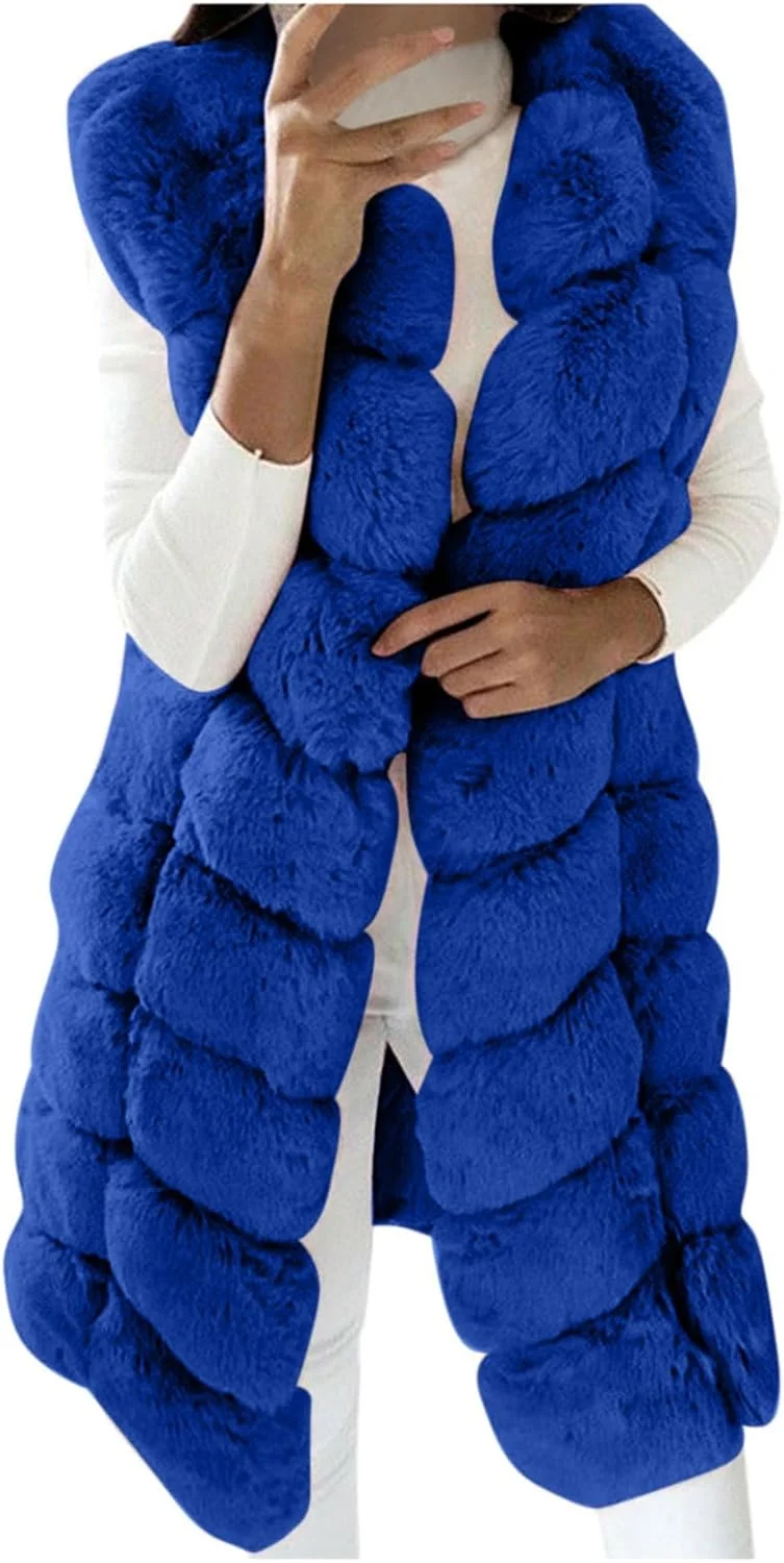 hlysgo جلیقه خز مصنوعی زنانه، ژاکت پشمی بدون آستین، کت بلند گرم و نرم جلو باز، سایز بزرگ و باریک