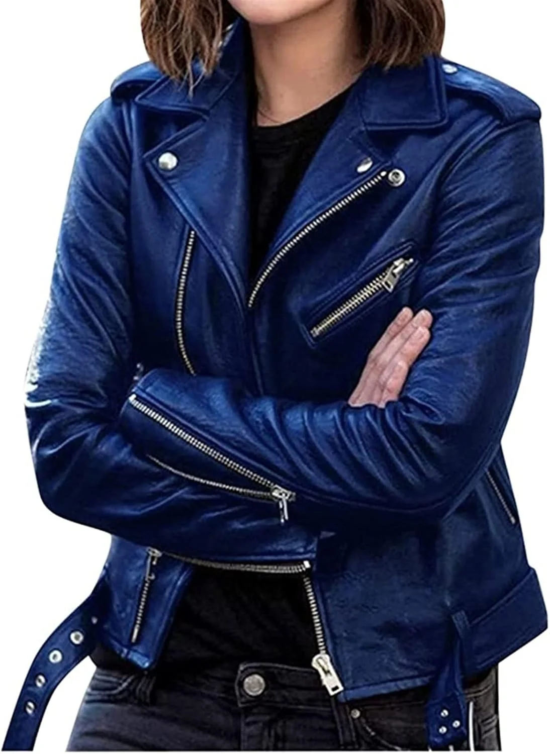 کت چرم موتورسواری زنانه آبی، سایز: بزرگ