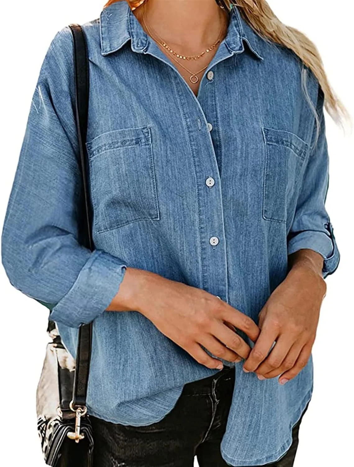پیراهن جین زنانه آستین بلند دکمه دار، بلوز جین شیک بهاره و پاییزه، ژاکت جین سبک وزن با جیب (رنگ: آبی روشن A، سایز: XXX-بزرگ)
