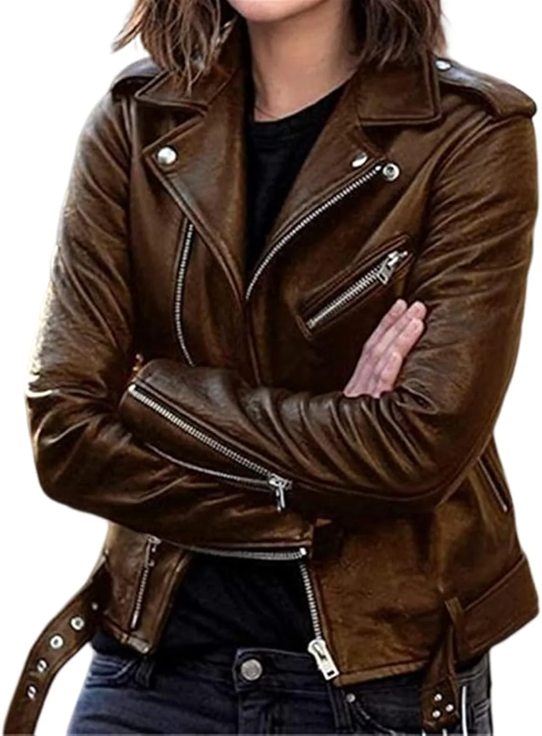کت چرمی موتورسواری زنانه با زیپ - کت چرمی مصنوعی جلوباز (قهوه ای، متوسط)