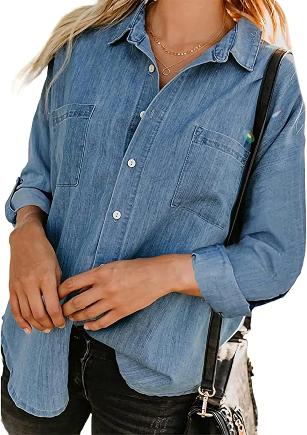 پیراهن جین زنانه آستین بلند دکمه دار، بلوز جین شیک بهاره و پاییزه، ژاکت جین سبک وزن با جیب (رنگ: آبی روشن A، سایز: XXX-بزرگ)