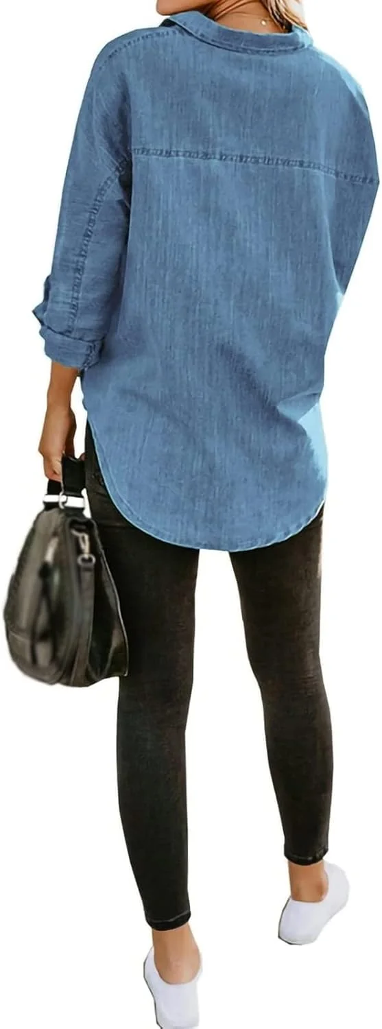 پیراهن جین زنانه آستین بلند دکمه دار، بلوز جین شیک بهاره و پاییزه، ژاکت جین سبک وزن با جیب (رنگ: آبی روشن A، سایز: XXX-بزرگ)