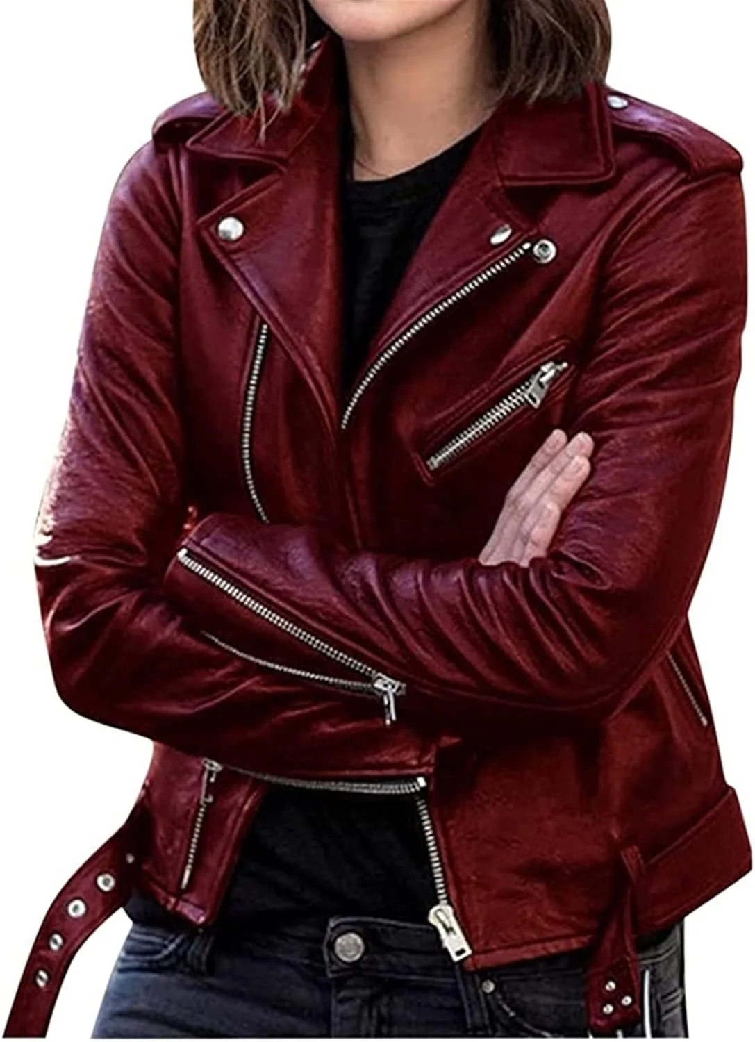 کت چرم موتورسواری زنانه قرمز، سایز بزرگ، کوتاه، مناسب فصل پاییز، کت، ژاکت