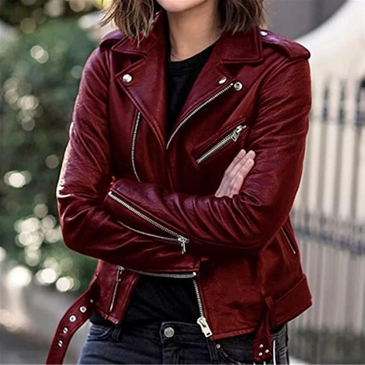 کت چرم موتورسواری زنانه قرمز، سایز بزرگ، کوتاه، مناسب فصل پاییز، کت، ژاکت