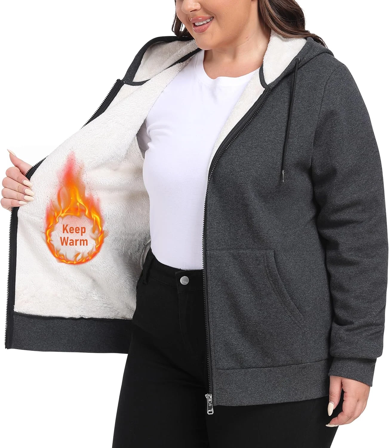 ژاکت کلاه دار پشمی زنانه سایز بزرگ موفیز، کت گرم با آستر شرپا