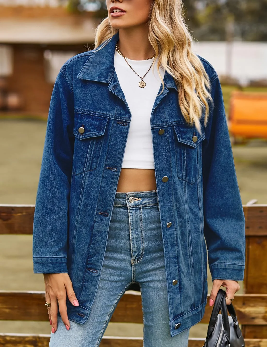 کت جین زنانه غیررسمی دکمه دار یقه برگردان آستین بلند گشاد با قد متوسط