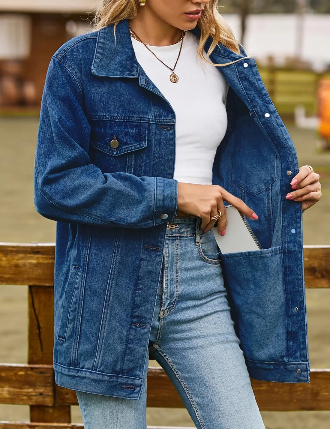 کت جین زنانه غیررسمی دکمه دار یقه برگردان آستین بلند گشاد با قد متوسط