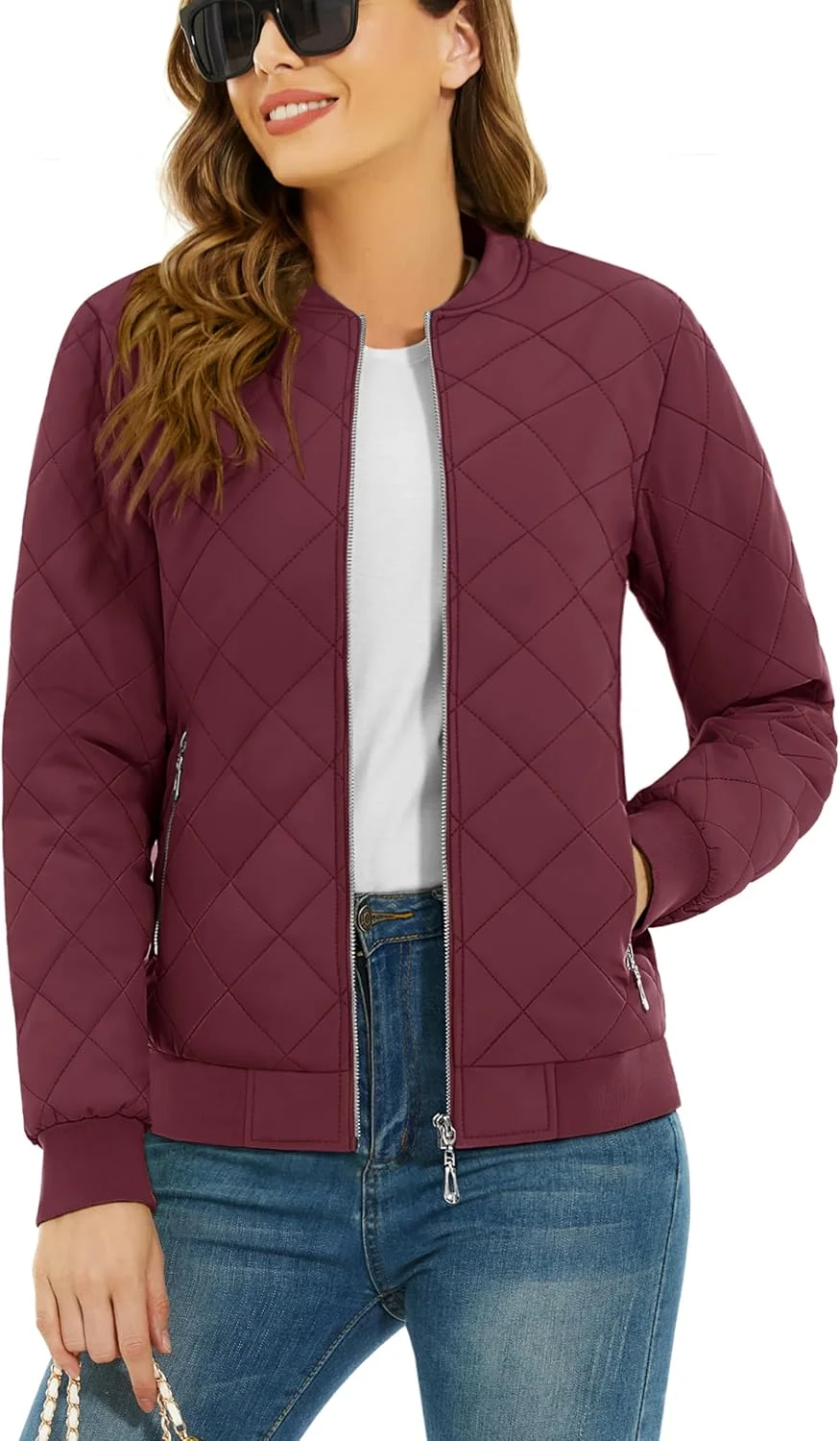 کاپشن های لوزی دوزی شده زنانه TACVASEN، کاپشن های زمستانی سبک وزن با زیپ و جیب، مدل بمبر غیر رسمی، قرمز شرابی، سایز M