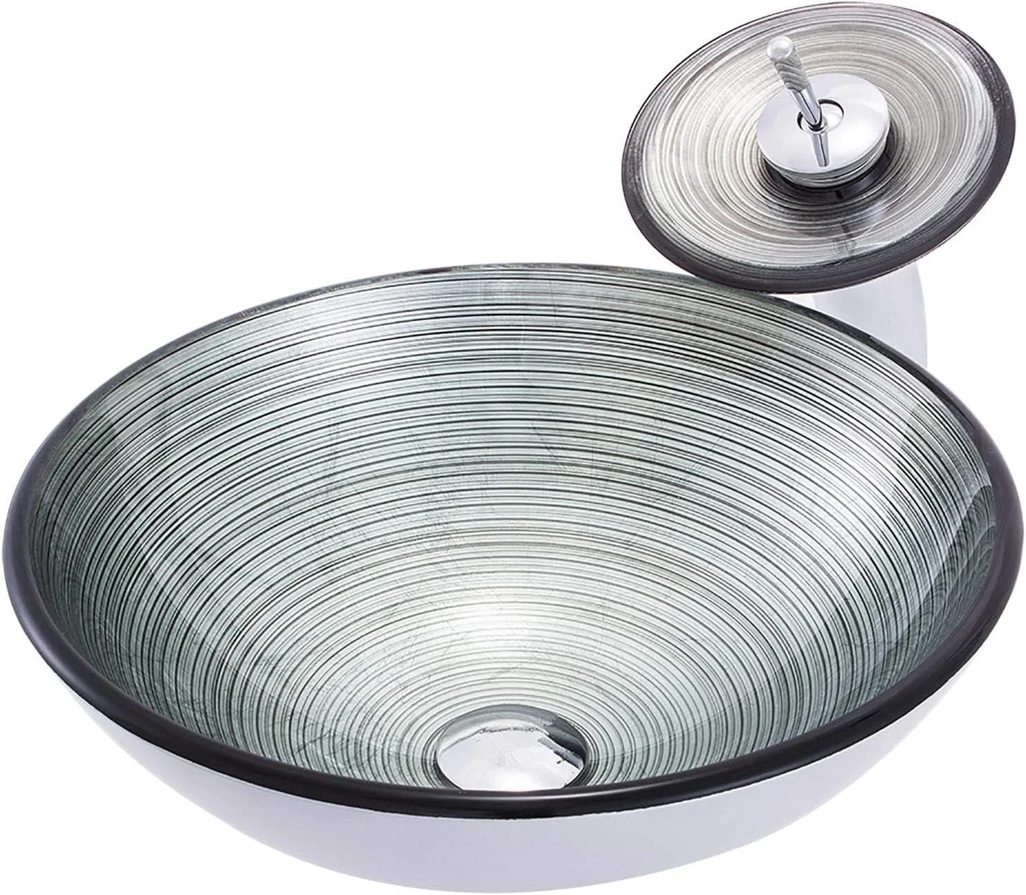 روشویی کاسه ای گرد شیشه ای سکوریت شده برای حمام، کاسه روشویی با ترکیب سیفون و حلقه نصب، نقره ای روشویی کاسه ای گرد شیشه ای سکوریت شده برای حمام، کاسه روشویی با ترکیب سیفون و حلقه نصب، نقره ای