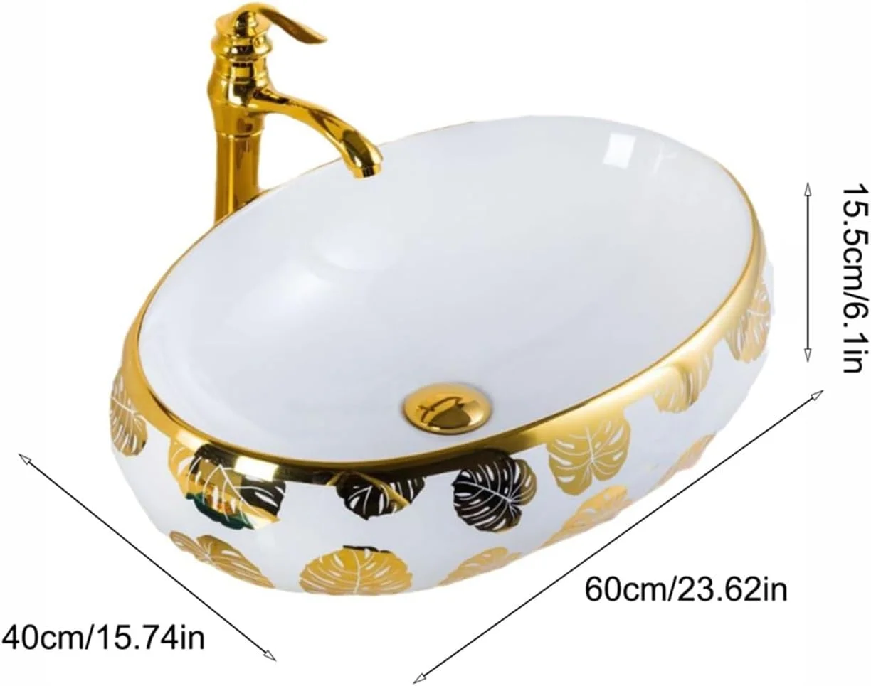 روشویی حمام هتلی، کاسه روشویی بیضی شکل رو میزی، کاسه هنری طرح گل برگ طلایی، کاسه روشویی تزئینی