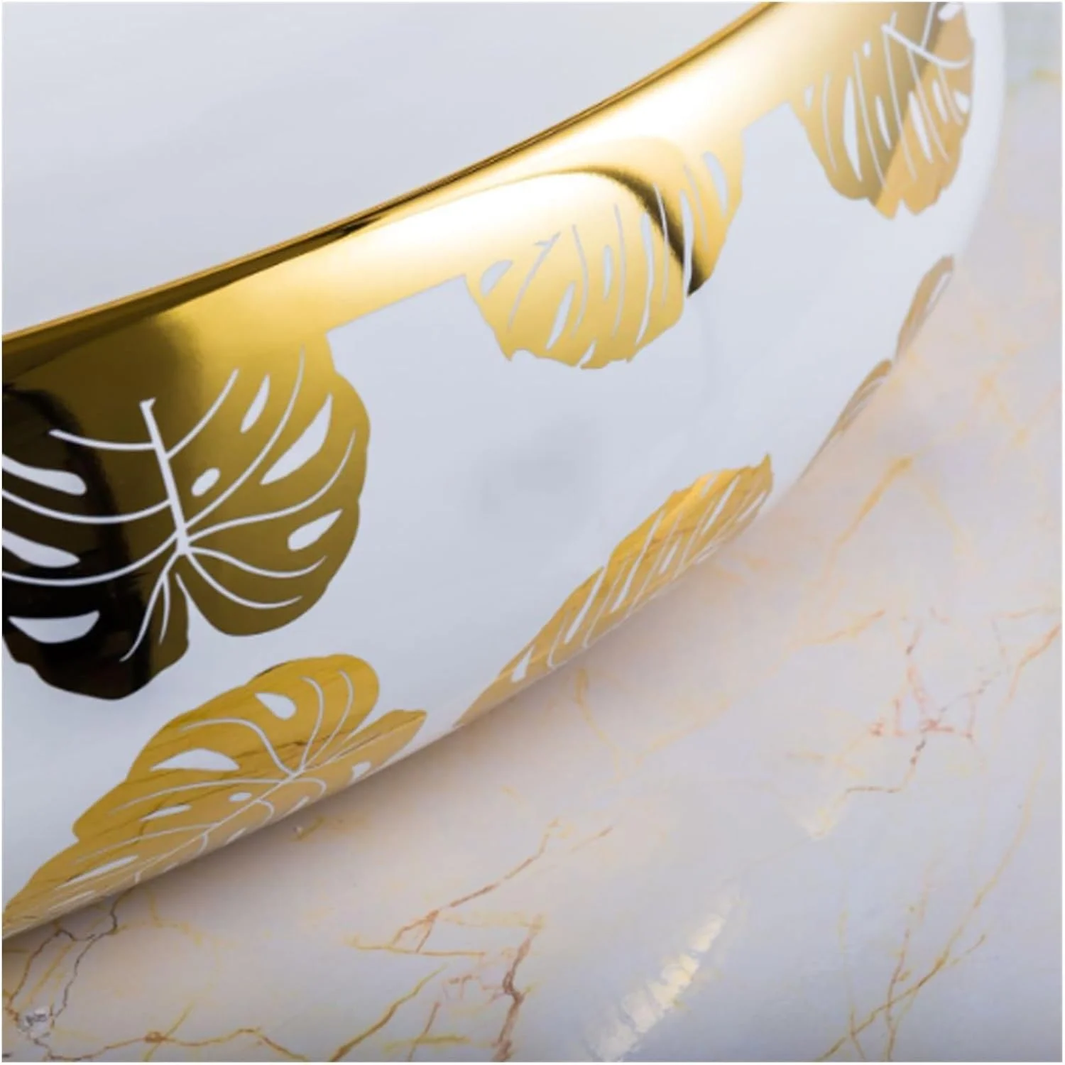 روشویی حمام هتلی، کاسه روشویی بیضی شکل رو میزی، کاسه هنری طرح گل برگ طلایی، کاسه روشویی تزئینی