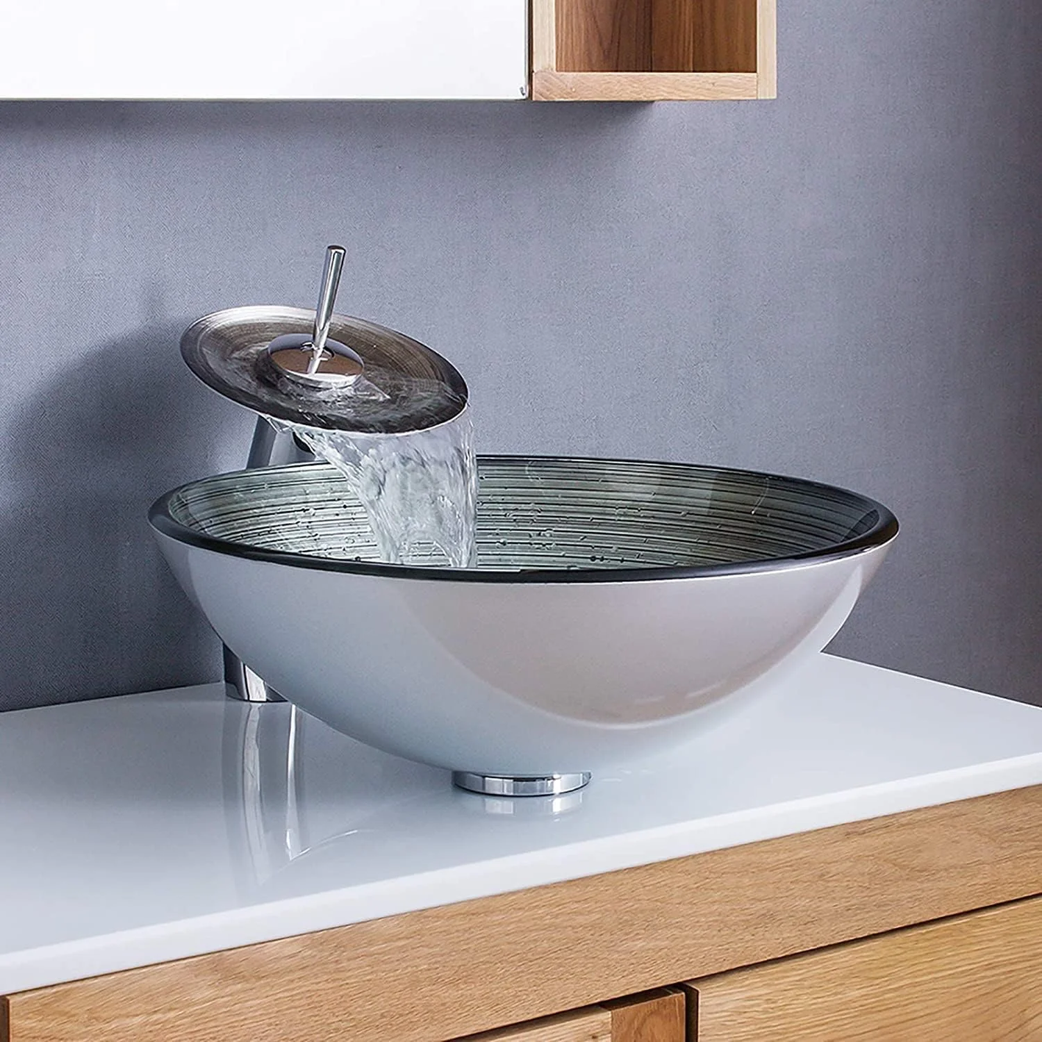 روشویی کاسه ای گرد شیشه ای سکوریت شده برای حمام، کاسه روشویی با ترکیب سیفون و حلقه نصب، نقره ای