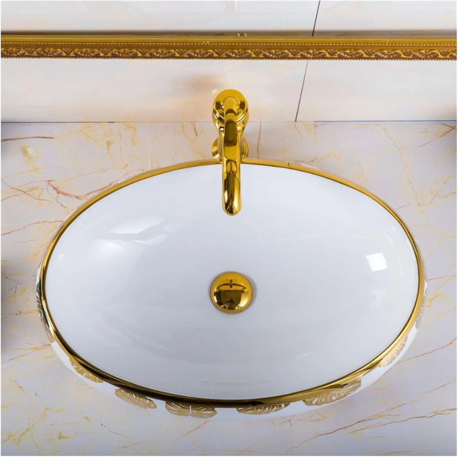 روشویی حمام هتلی، کاسه روشویی بیضی شکل رو میزی، کاسه هنری طرح گل برگ طلایی، کاسه روشویی تزئینی