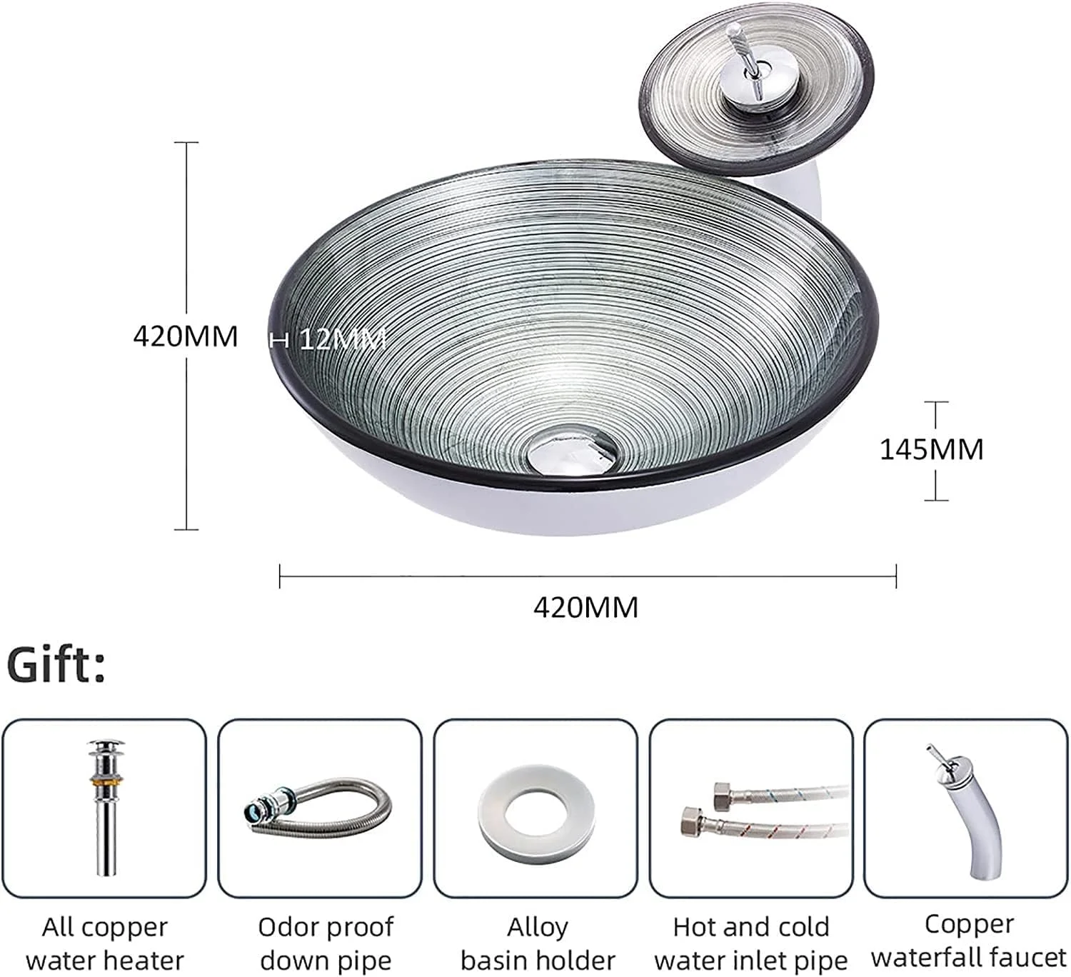 روشویی کاسه ای گرد شیشه ای سکوریت شده برای حمام، کاسه روشویی با ترکیب سیفون و حلقه نصب، نقره ای