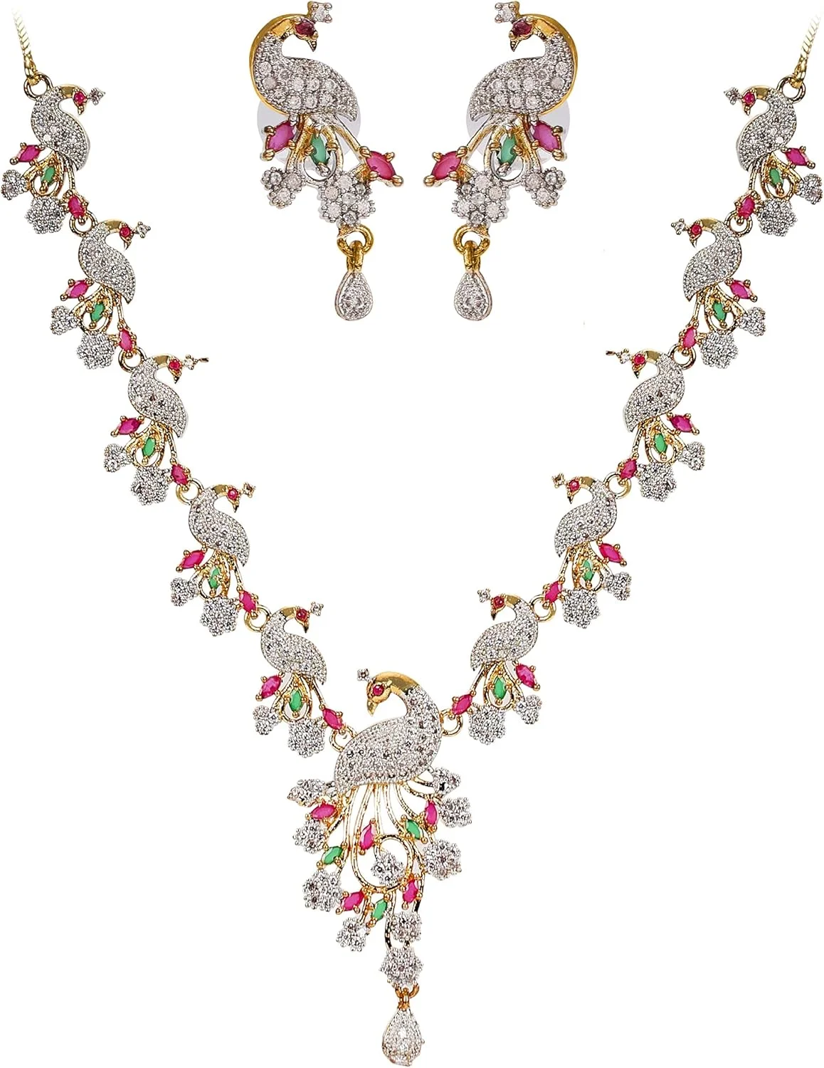 ست جواهرات گردنبند طرح طاووس با نگین های اتمی برای زنان و دختران ست جواهرات گردنبند طرح طاووس با نگین های اتمی برای زنان و دختران