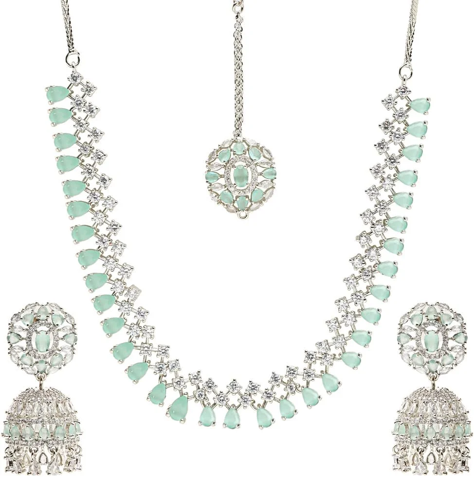 ست جواهرات زنانه YouBella شامل گردنبند الماس آمریکایی با گوشواره و مانگ تیکا برای زنان و دختران ست جواهرات زنانه YouBella شامل گردنبند الماس آمریکایی با گوشواره و مانگ تیکا برای زنان و دختران