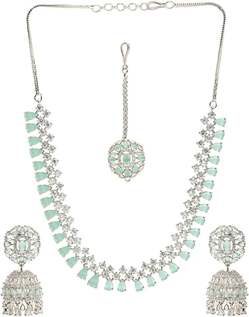 ست جواهرات زنانه YouBella شامل گردنبند الماس آمریکایی با گوشواره و مانگ تیکا برای زنان و دختران ست جواهرات زنانه YouBella شامل گردنبند الماس آمریکایی با گوشواره و مانگ تیکا برای زنان و دختران