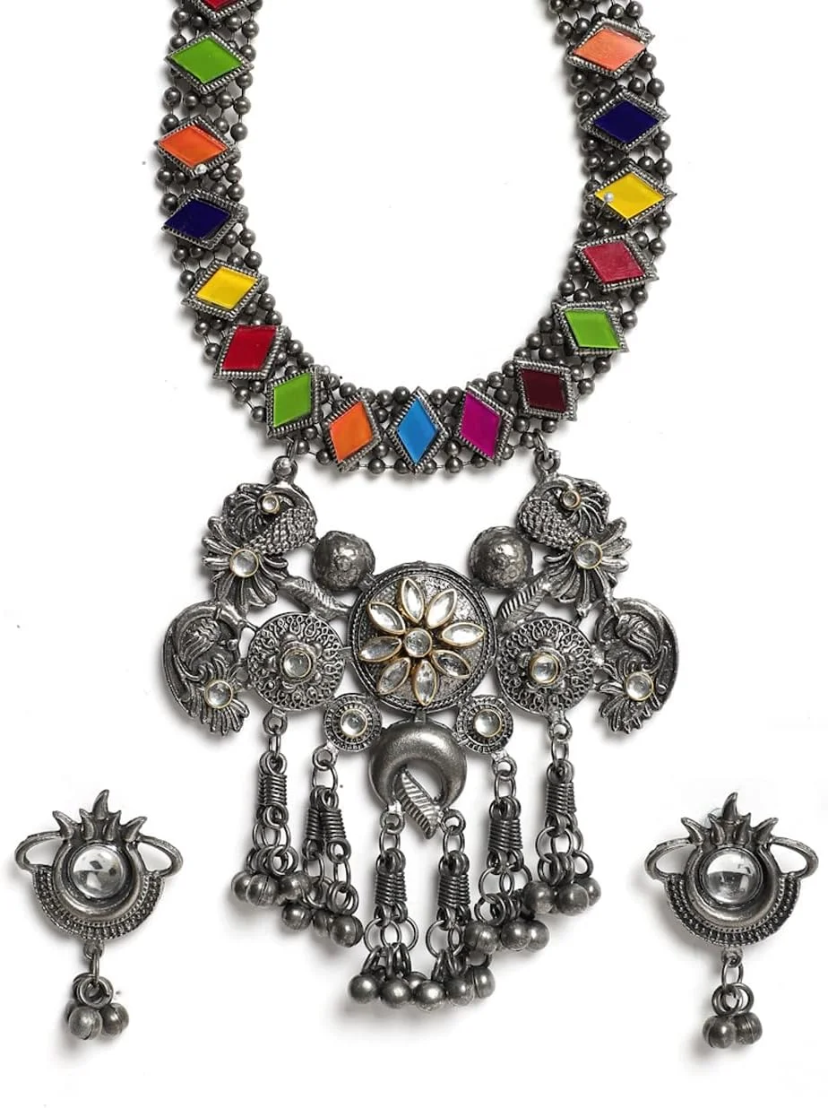 ست گردنبند نقره ای اکسید شده YouBella برای دختران و زنان (چند رنگ) (YBNK_50486)، فری سایز، برنجی، بدون سنگ قیمتی ست گردنبند نقره ای اکسید شده YouBella برای دختران و زنان (چند رنگ) (YBNK_50486)، فری سایز، برنجی، بدون سنگ قیمتی