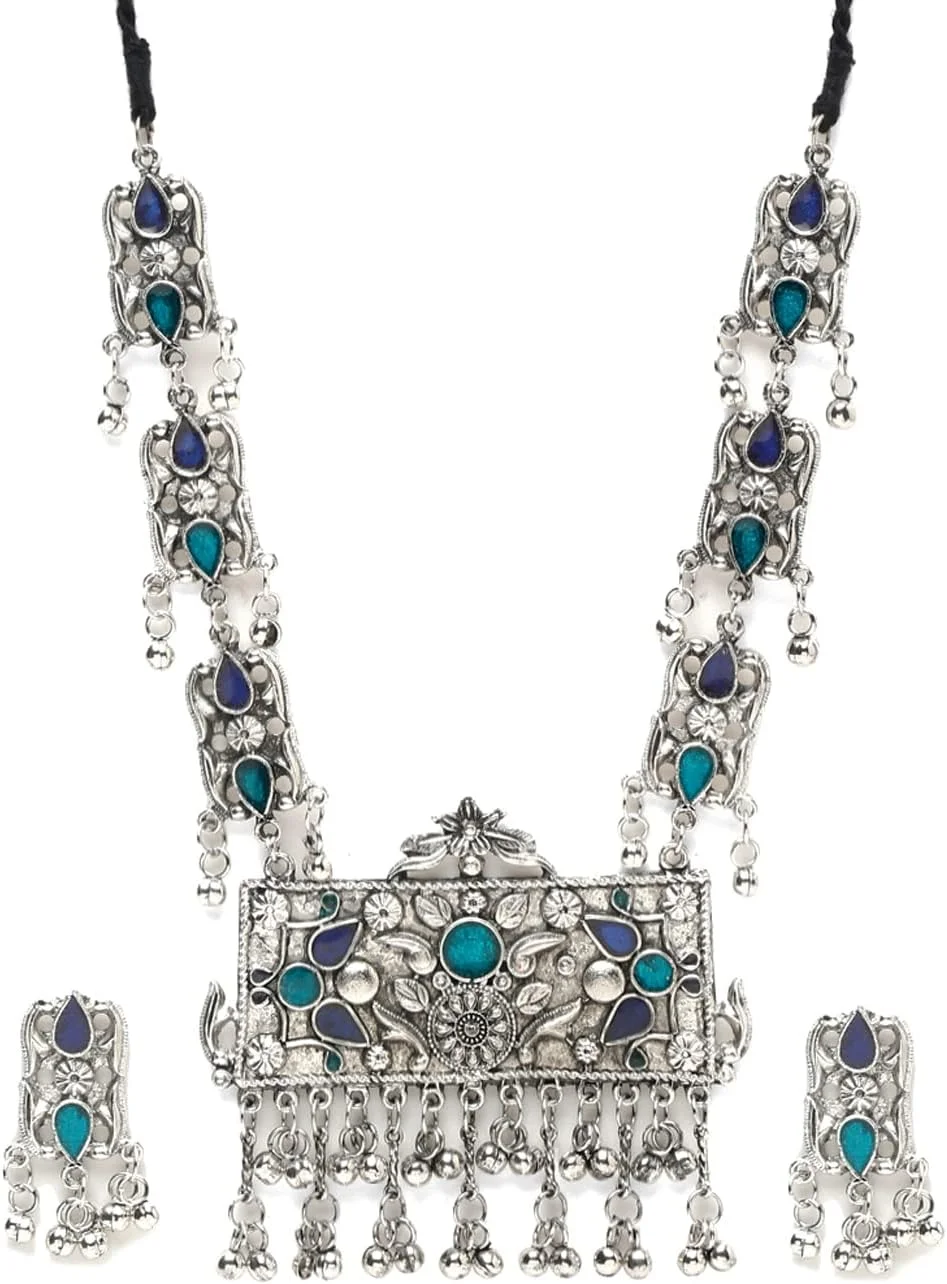 ست زیورآلات زنانه YouBella، گردنبند قبیله ای افغانی نقره ای اکسید شده با گوشواره برای دختران و زنان (مدل 3) ست زیورآلات زنانه YouBella، گردنبند قبیله ای افغانی نقره ای اکسید شده با گوشواره برای دختران و زنان (مدل 3)