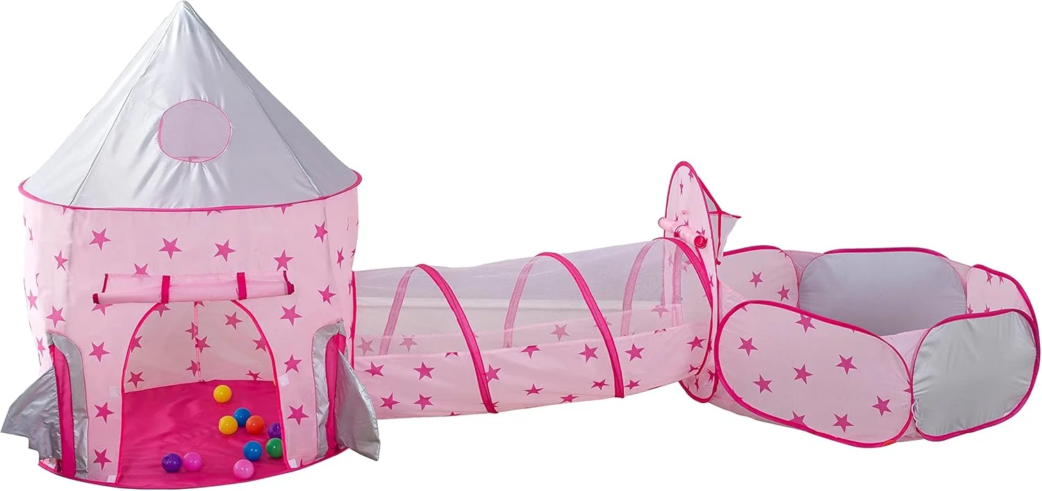 مجموعه 3 تکه چادر بازی کودک YANEK | قلعه کودک، تونل خزیدن و استخر توپ | استفاده آسان در فضای داخلی و خارجی برای کودکان، پسران، دختران و کودکان نوپا (صورتی)