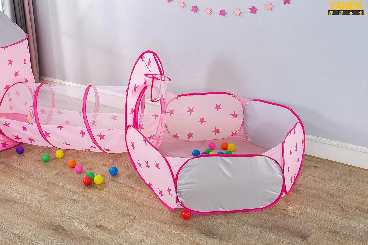 مجموعه 3 تکه چادر بازی کودک YANEK | قلعه کودک، تونل خزیدن و استخر توپ | استفاده آسان در فضای داخلی و خارجی برای کودکان، پسران، دختران و کودکان نوپا (صورتی)