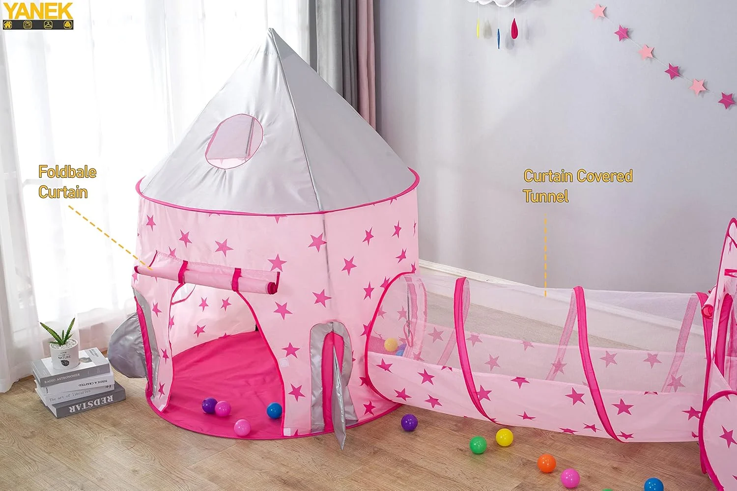 مجموعه 3 تکه چادر بازی کودک YANEK | قلعه کودک، تونل خزیدن و استخر توپ | استفاده آسان در فضای داخلی و خارجی برای کودکان، پسران، دختران و کودکان نوپا (صورتی)