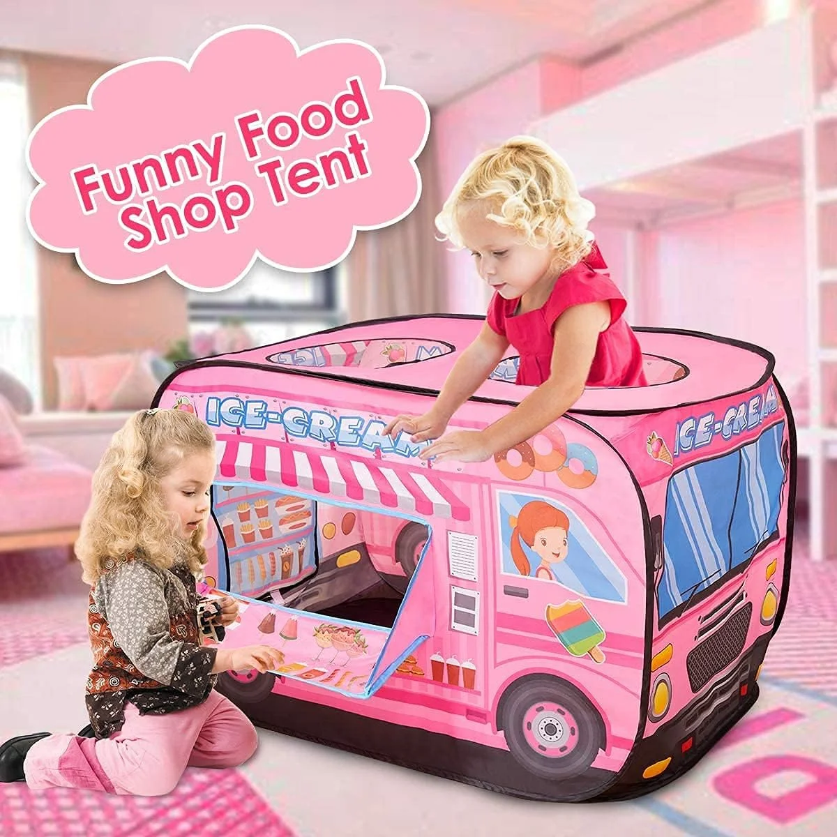 چادر بازی تاشو اتوبوس مدرسه VersaMarts - خانه بازی ماشین بستنی تاشو سرپوشیده/فضای باز برای کودکان به همراه کیف حمل