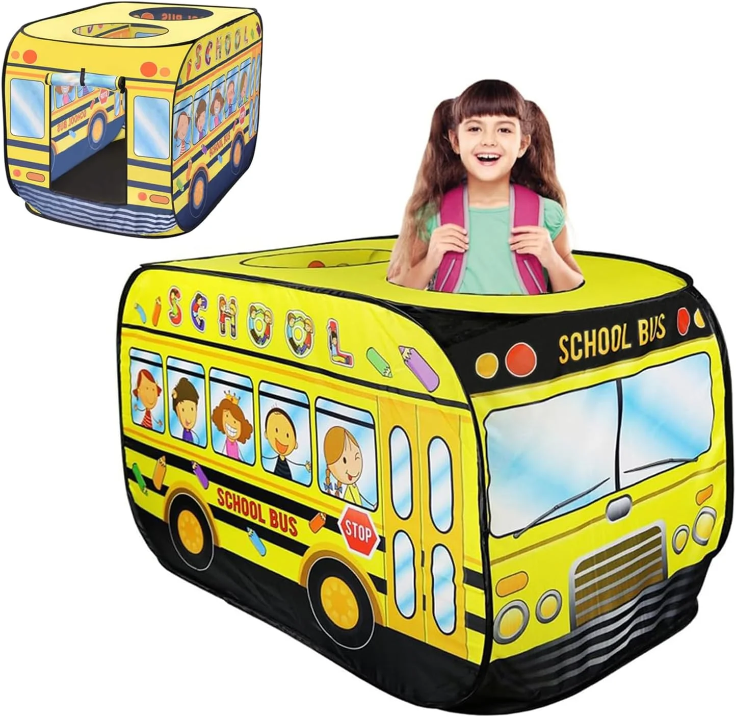چادر بازی کودکانه تاشو، چادر بازی تاشو اتوبوس مدرسه برای فعالیت های داخل و خارج از منزل کودکان، خانه بازی با 2 ورودی، چادر بازی تاشو کودکانه با کیف حمل برای کودکان نوپا پسران دختران