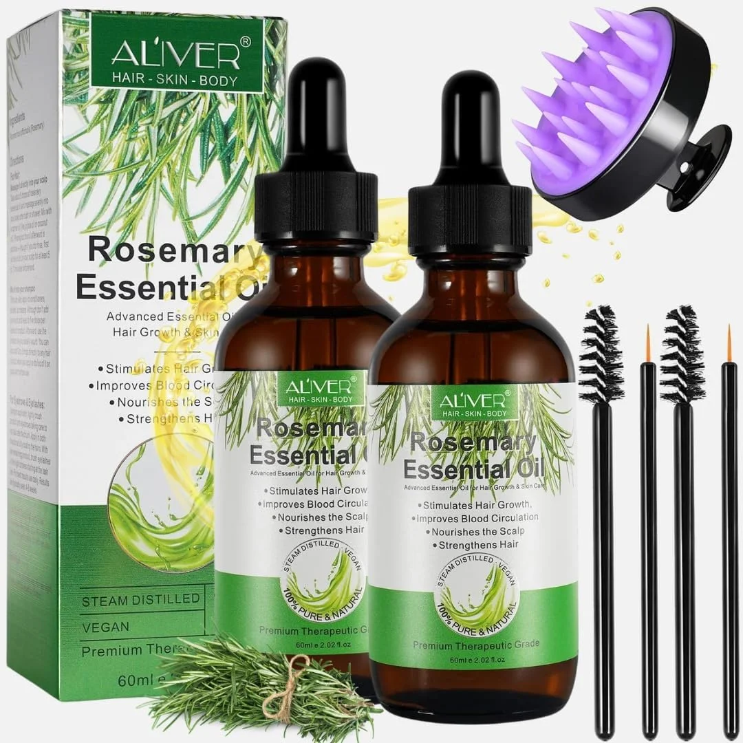 روغن رزماری نیکیتا ویوی 2 عددی به همراه ماساژور مو (2x60ml)، روغن رزماری سرم رشد مو، سرم 100% خالص طبیعی و ارگانیک برای درمان روغن های پوست سر و احیای موهای خشک و آسیب دیده