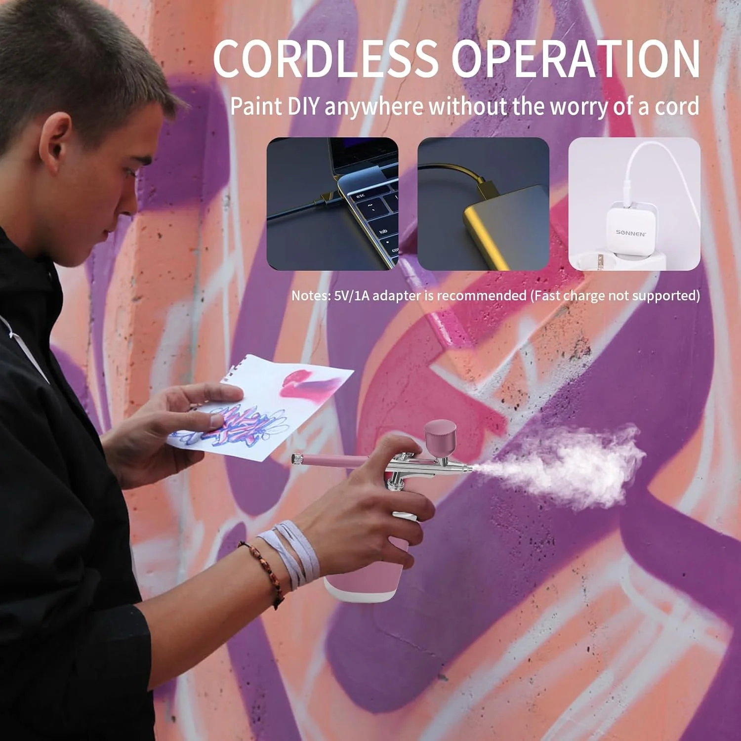 ست ایربراش KASTWAVE 1200ma با کمپرسور، ست ایربراش قابل حمل برای آرایش، تزئین کیک، نقاشی مدل، طراحی ناخن، آرایشگری (صورتی تک حالته)