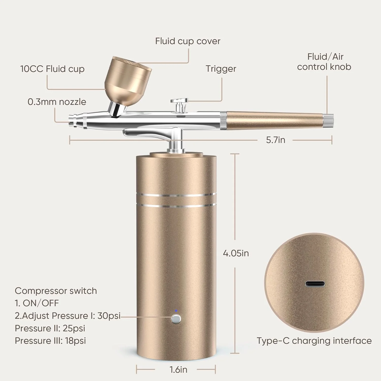 ایر براش با کمپرسور 30PSI، تفنگ ایربراش قابل حمل شارژی بی سیم برای هنر ناخن، نقاشی، تزیین کیک، شیرینی، مدل، آرایشگری (طلایی) ایر براش با کمپرسور 30PSI، تفنگ ایربراش قابل حمل شارژی بی سیم برای هنر ناخن، نقاشی، تزیین کیک، شیرینی، مدل، آرایشگری (طلایی)