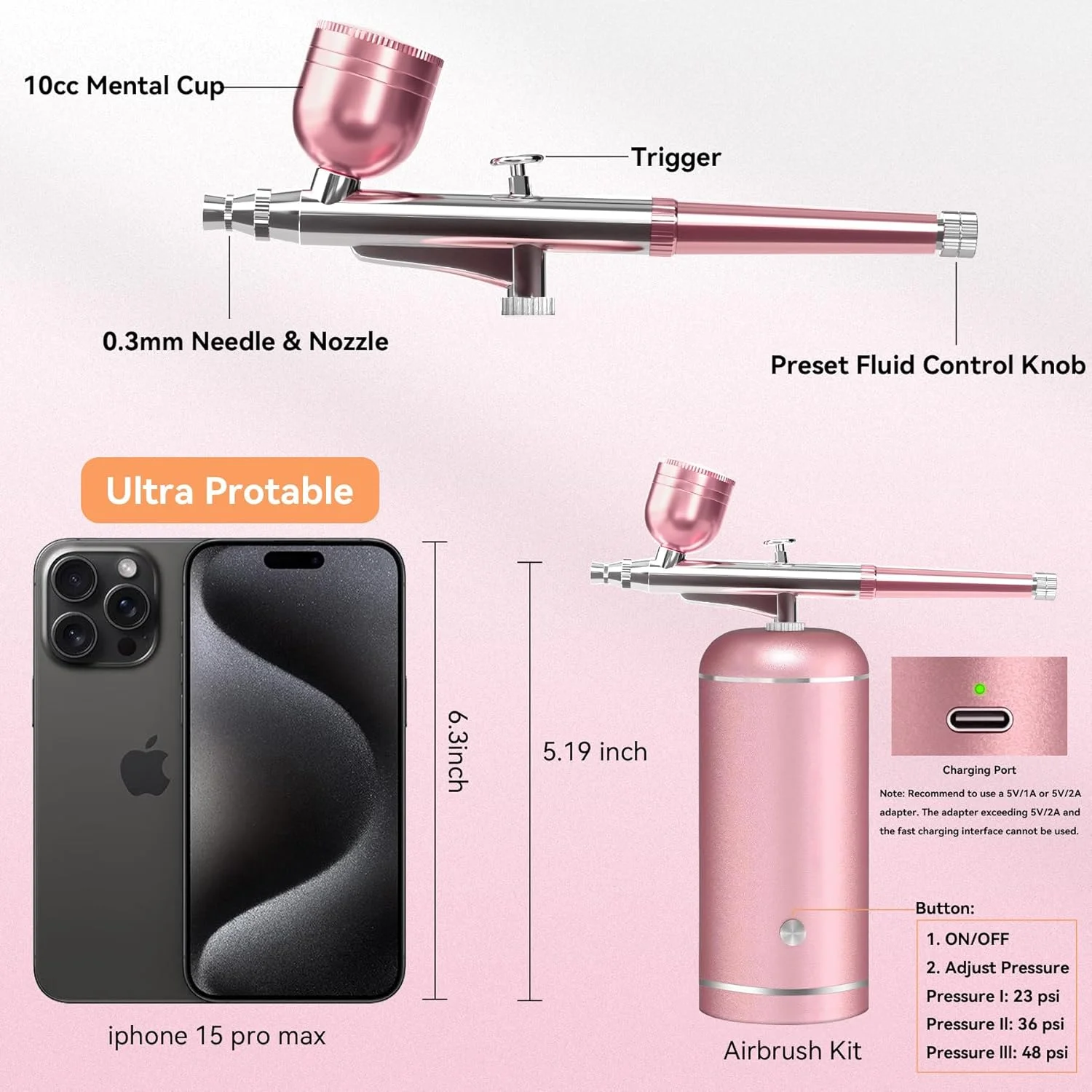 کیت ایربراش با کمپرسور - فشار بالا 48PSI، ست ایر براش بدون گرفتگی شارژی بی سیم با نازل 0.3 میلی متری و برس تمیز کننده برای طراحی ناخن، آرایش، نقاشی و تزیین کیک کیت ایربراش با کمپرسور - فشار بالا 48PSI، ست ایر براش بدون گرفتگی شارژی بی سیم با نازل 0.3 میلی متری و برس تمیز کننده برای طراحی ناخن، آرایش، نقاشی و تزیین کیک