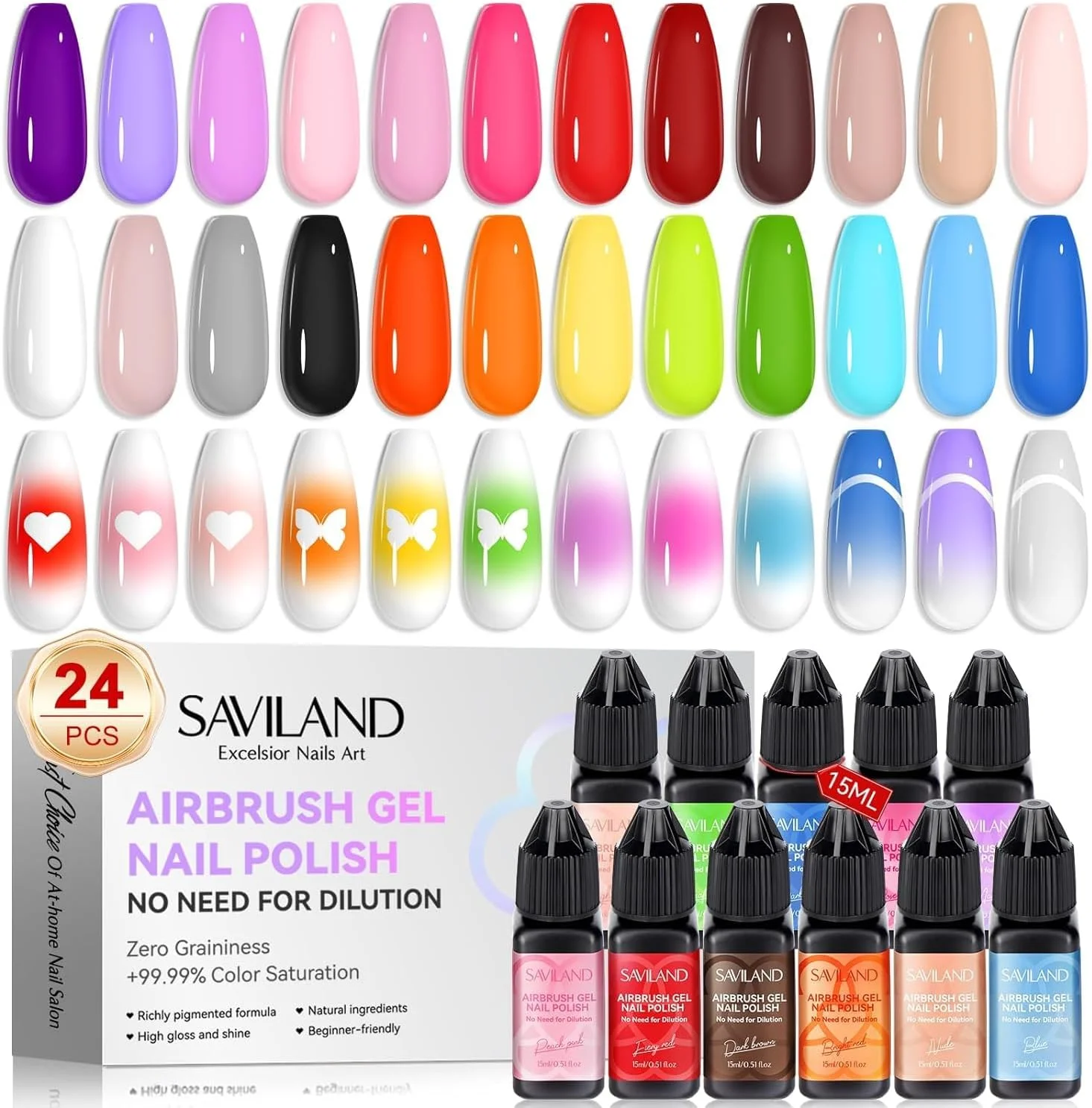 لاک ژل ایربراش ناخن ساویلند: 24 رنگ بدون نیاز به رقیق کردن، مناسب برای طراحی های گرادیانی، رژگونه ای، لایه ای و الگوهای مختلف با غلظت رنگ بالا، مناسب برای استفاده در خانه و سالن