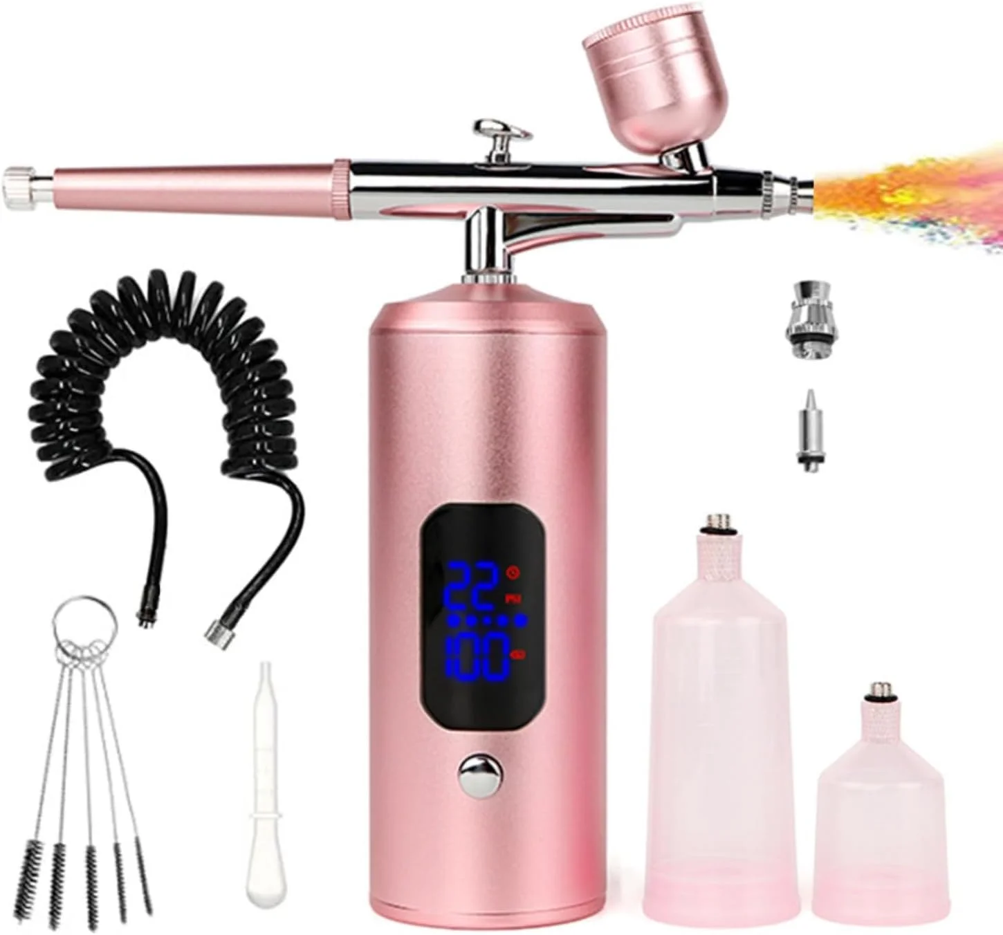 کیت ایربراش شارژی با کمپرسور، تفنگ ایربراش بی سیم دستی با فشار بالا 22-38PSI بدون گرفتگی برای هنر ناخن، آرایش، نقاشی، تزیین کیک (صورتی)