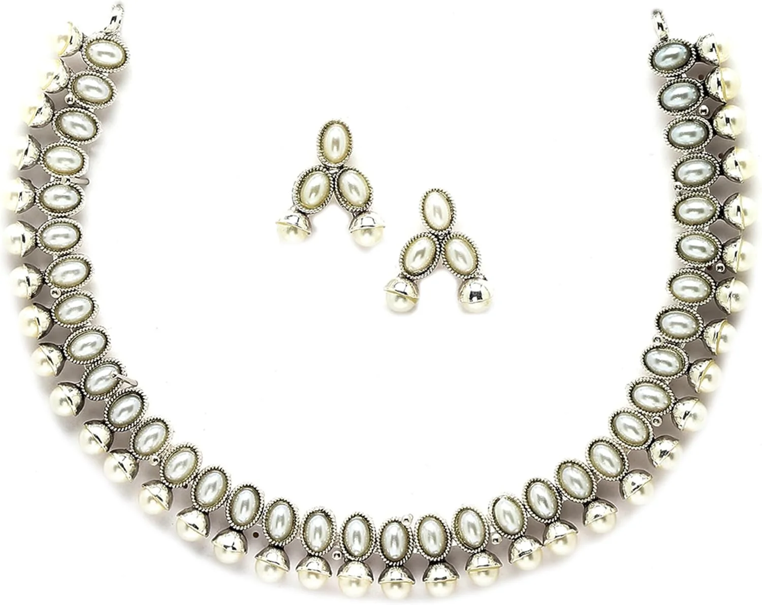 گردنبند سکه ای معبد سنتی نقره ای اکسید شده عتیقه زنانه و دخترانه با نگین های الماس قرمز و گوشواره (سفید)