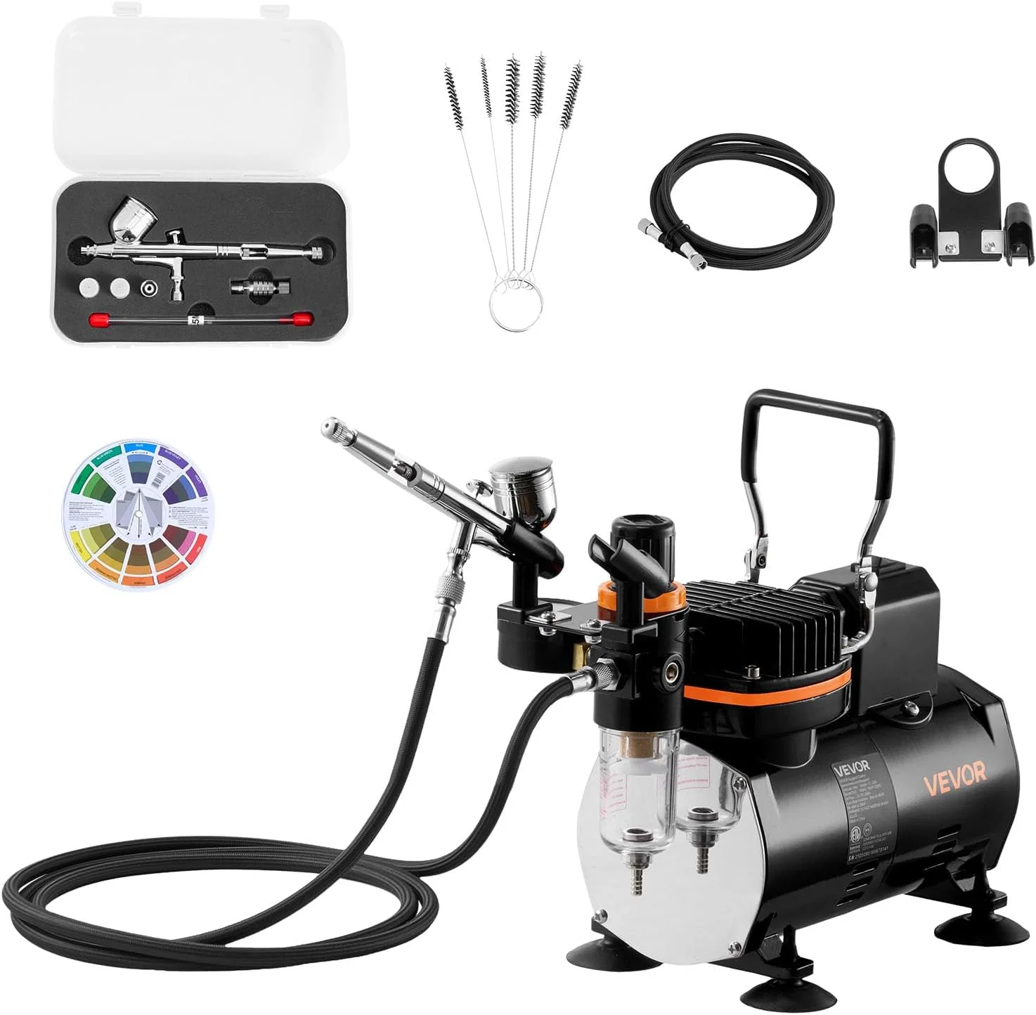 ست ایربراش VEVOR 1/6 HP با کمپرسور هوا و مخزن، 1 تفنگ ایربراش دوال اکشن با 3 نازل (0.2/0.3/0.5 میلی متر) و شلنگ و نگهدارنده و کیت تمیز کننده، برای تزئین کیک، نقاشی مدل، طراحی ناخن